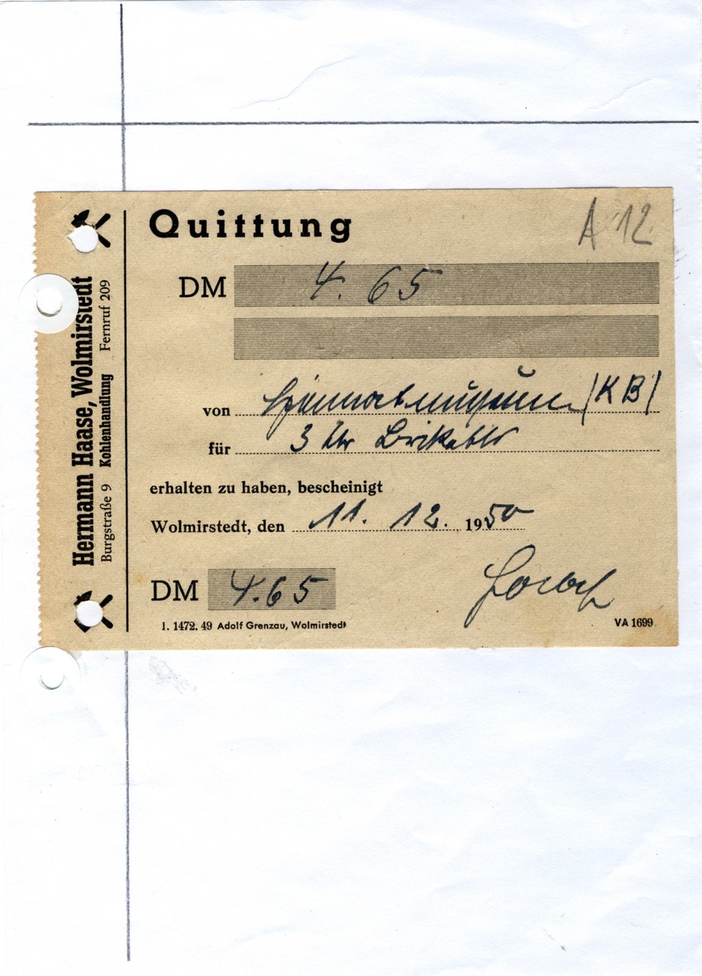 Quittung für Kohlelieferung (Museum Wolmirstedt RR-F)