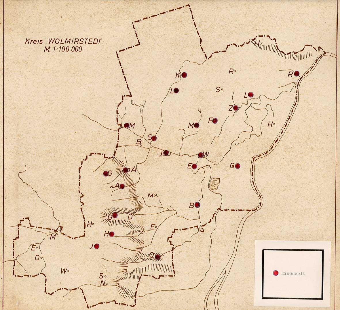 Karte archäologischer Funde der Bronzezeit und Aunjetitzer Kultur im Kreis Wolmirstedt (Museum Wolmirstedt RR-F)