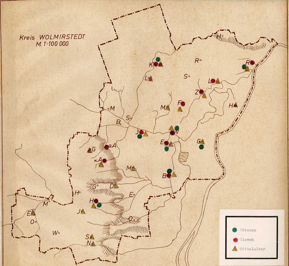 Karte archäologischer Funde der Ottonen, Slawen und des Mittelalters im Kreis Wolmirstedt (Museum Wolmirstedt RR-F)