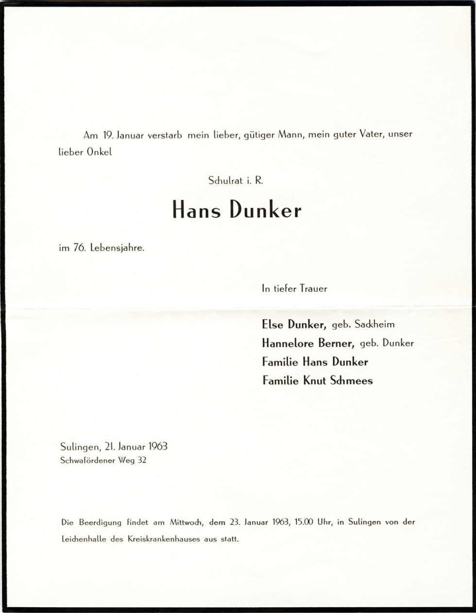 Trauerbrief zum Tod von Hans Dunker (Museum Wolmirstedt RR-F)