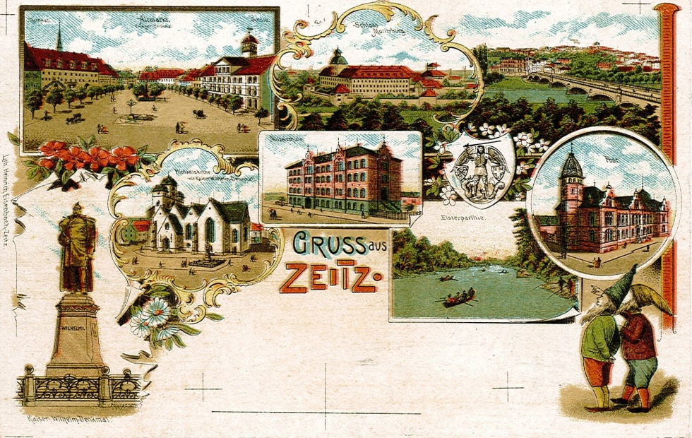 Grußkarte mit mehreren Ansichten von Zeitz (Museum Schloss Moritzburg Zeitz CC BY-NC-SA)