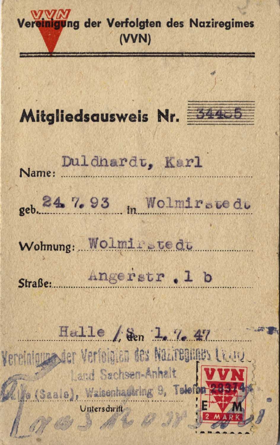 VVN-Mitgliedsausweis von Karl Duldhardt (Museum Wolmirstedt RR-F)