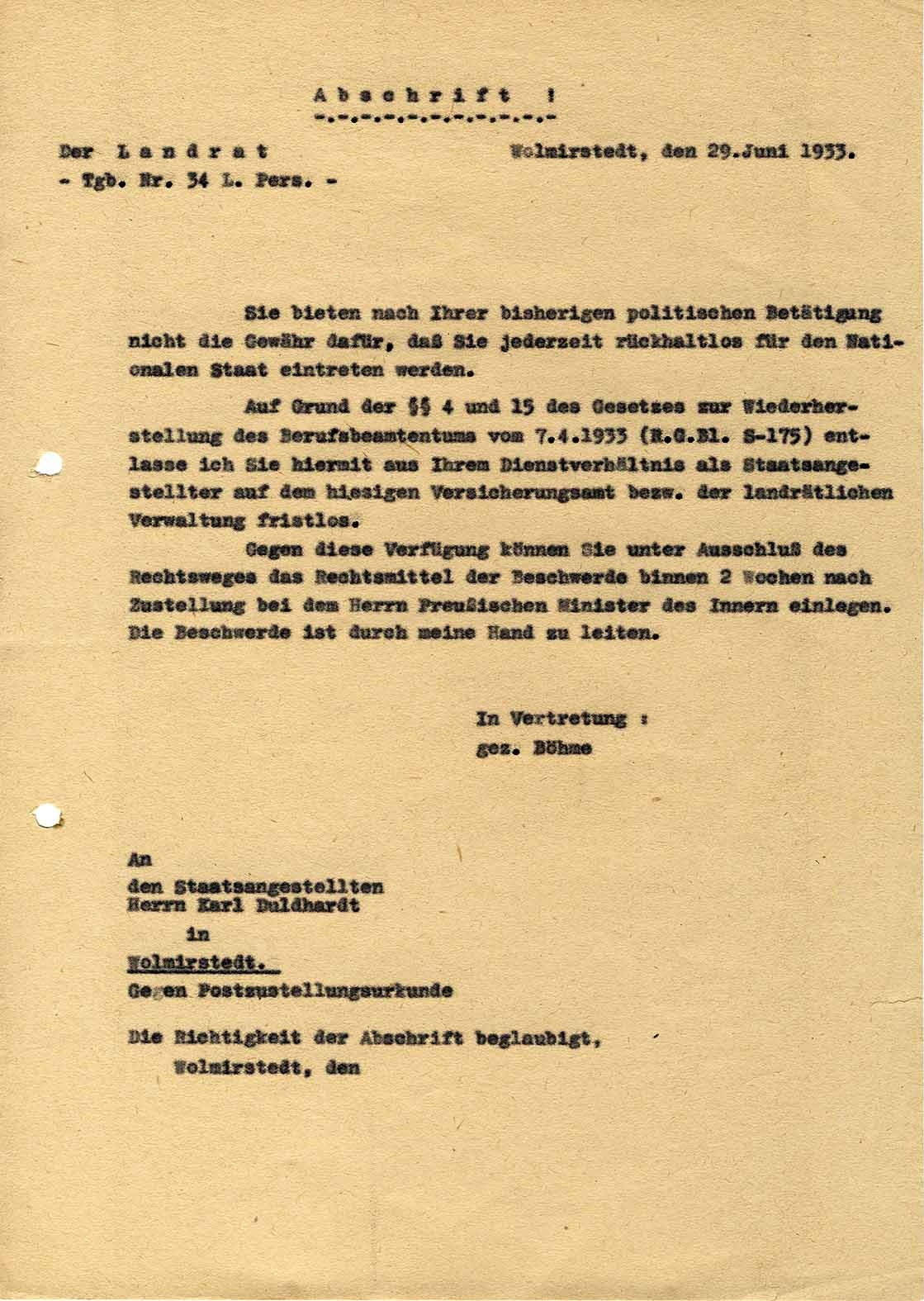 Abschrift Entlassung von Karl Duldhardt aus dem Staatdienst (Museum Wolmirstedt RR-F)