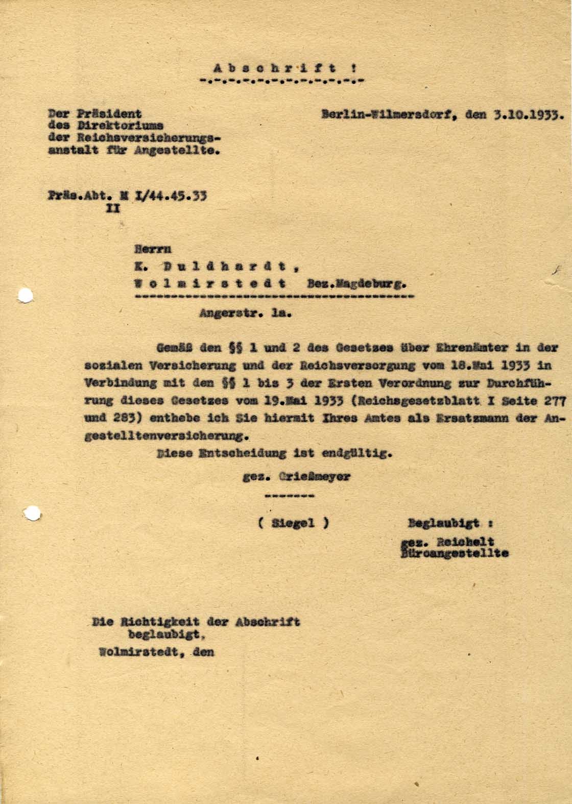 Abschrift Amtsenthebung von Karl Duldhardt als Ersatzmann der Angestelltenversicherung (Museum Wolmirstedt RR-F)