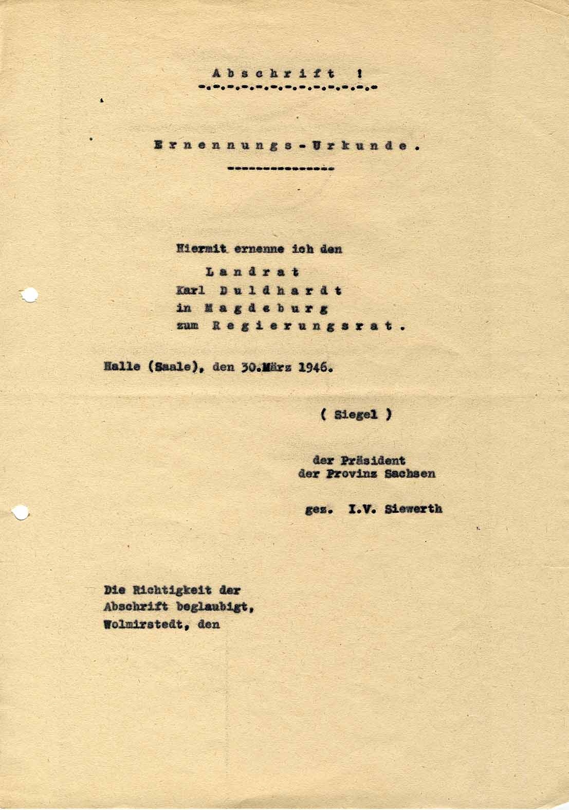 Abschrift Ernennungsurkunde von Karl Duldhardt zum Regierungsrat (Museum Wolmirstedt RR-F)