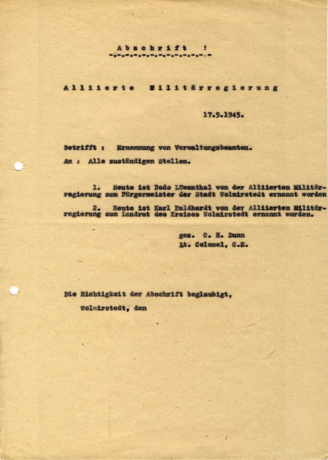 Abschrift Ernennung von Karl Duldhardt zum Verwaltungsbeamten (Museum Wolmirstedt RR-F)