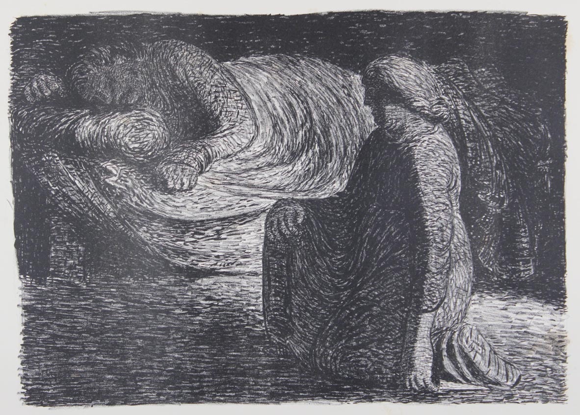 Der tote Tag, Blatt 11: Kniende Mutter am Bett des schlafenden Sohnes (Winckelmann-Museum Stendal CC BY-NC-SA)