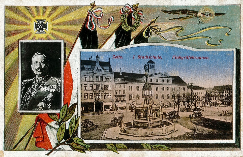 Postkarte mit Kaiser-Porträt und Ansicht vom Zeitzer Altmarkt (Museum Schloss Moritzburg Zeitz CC BY-NC-SA)
