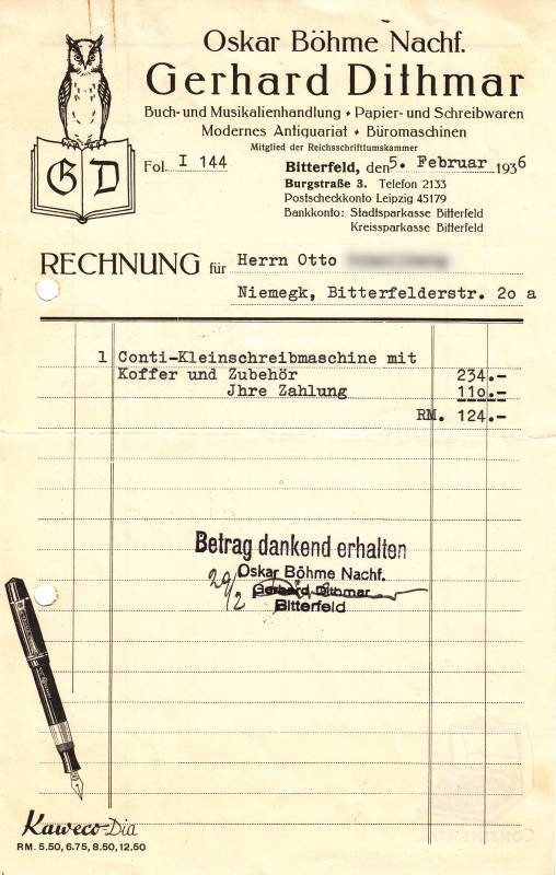 Rechnungsbeleg der Buchhandlung Böhme, Bitterfeld (Kreismuseum Bitterfeld CC BY-NC-SA)