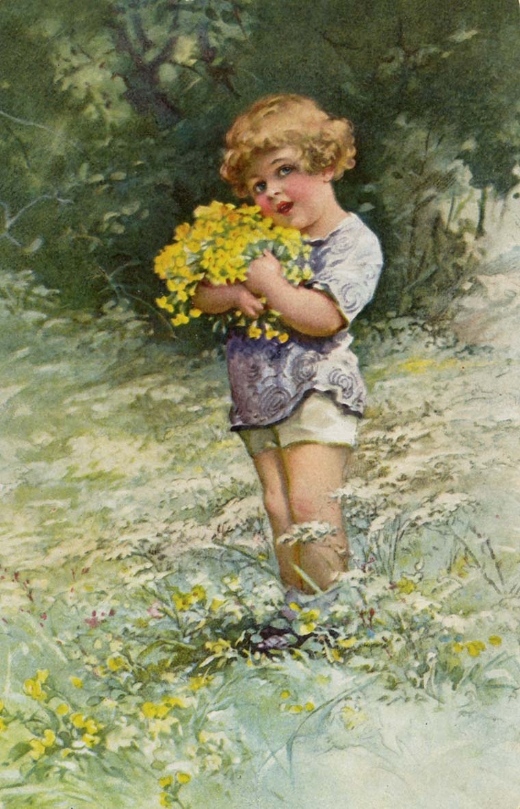 Kleines Mädchen mit Blumenstrauß auf Blumenwiese (Museum Wolmirstedt RR-F)