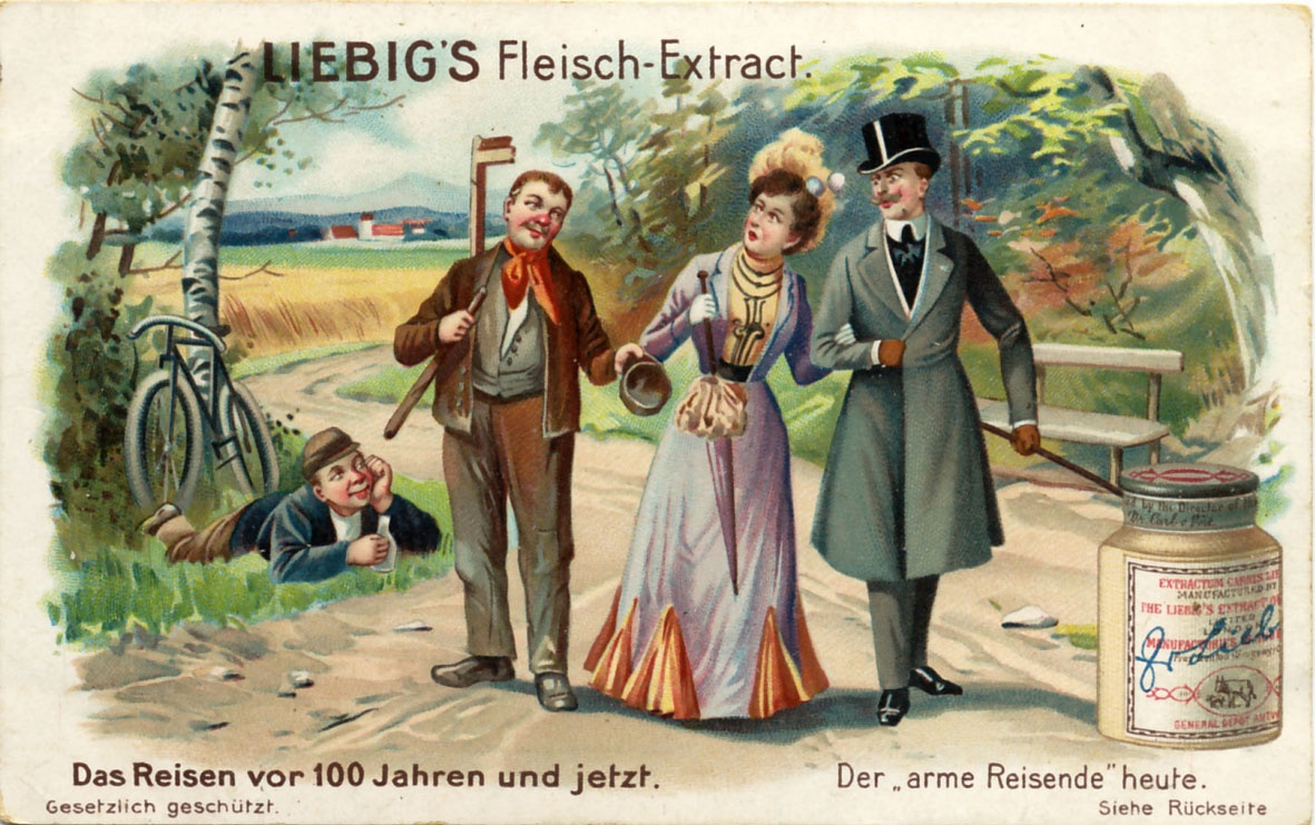 Sammelbild der Firma Liebig’s Fleisch-Extract, Serie: Die Reisen vor 100 Jahren und jetzt., Bild Der arme Reisende heute (Museum Wolmirstedt RR-F)