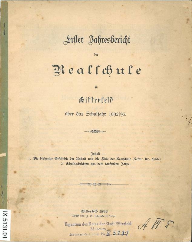 Erster Jahresbericht der Realschule zu Bitterfeld über das Schuljahr 1892/93 (Kreismuseum Bitterfeld CC BY-NC-SA)