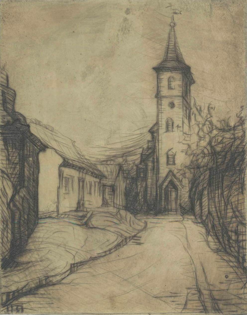 St. Johannis-Kirche in Klein Wanzleben, Druckstock Radierung Daisy R.-Huch (Börde-Museum Burg Ummendorf CC BY-NC-ND)