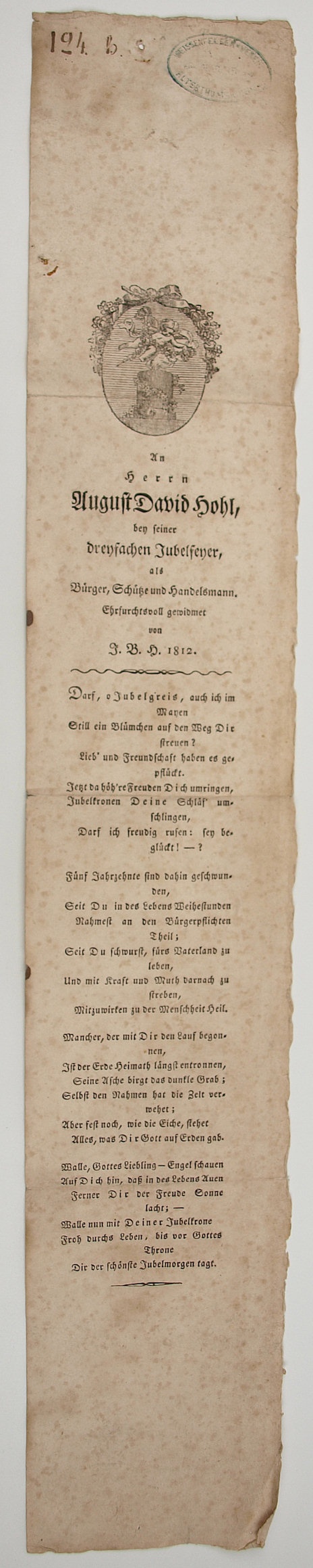 An Herrn August David Hohl, bey seiner dreyfachen Jubelfeyer 1812 (Museum Weißenfels - Schloss Neu-Augustusburg CC BY-NC-SA)