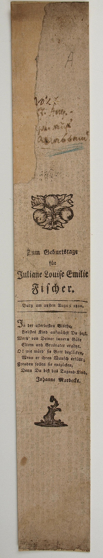 Zum Geburtstag für Juliane Louise Emilie Fischer 28sten August 1820 (Museum Weißenfels - Schloss Neu-Augustusburg CC BY-NC-SA)