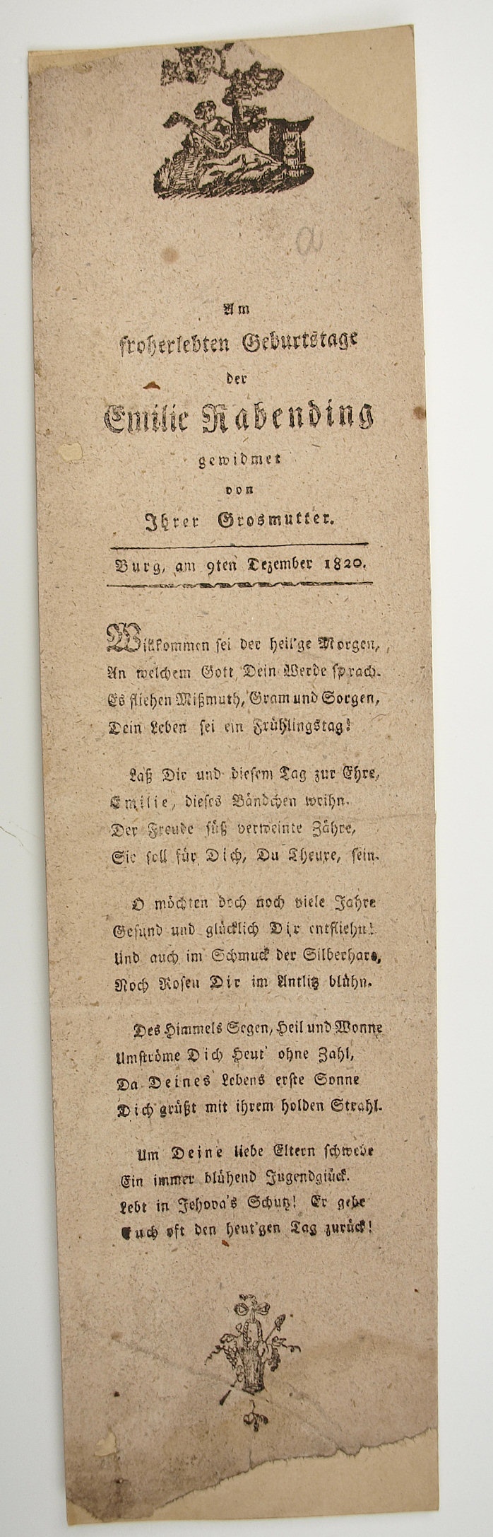 Zum froherlebten Geburtstage der Emilie Rabending 1820 (Museum Weißenfels - Schloss Neu-Augustusburg CC BY-NC-SA)