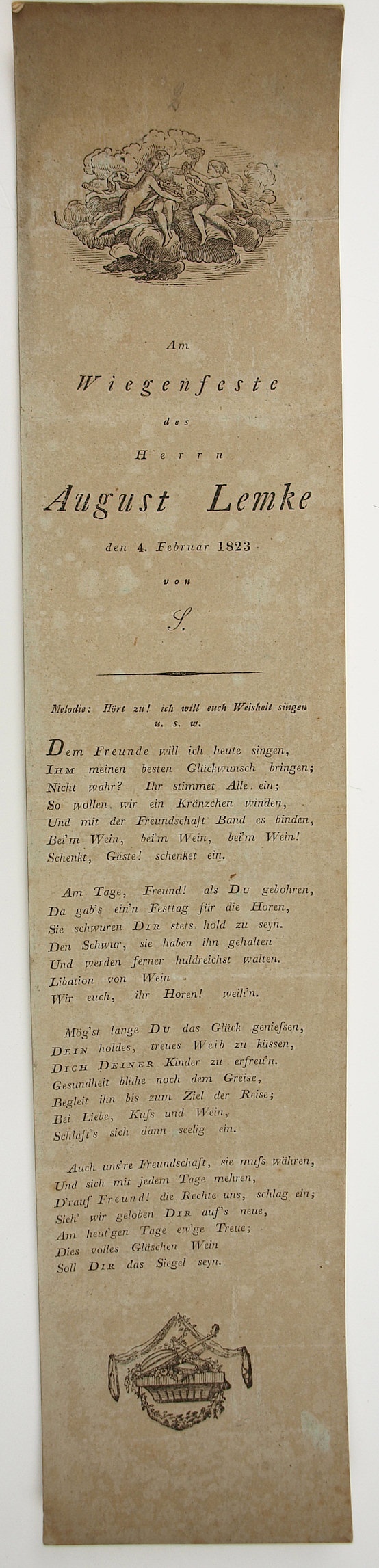 Am Wiegenfeste des Herrn August Lemke den 4. Februar 1823 von S. (Museum Weißenfels - Schloss Neu-Augustusburg CC BY-NC-SA)