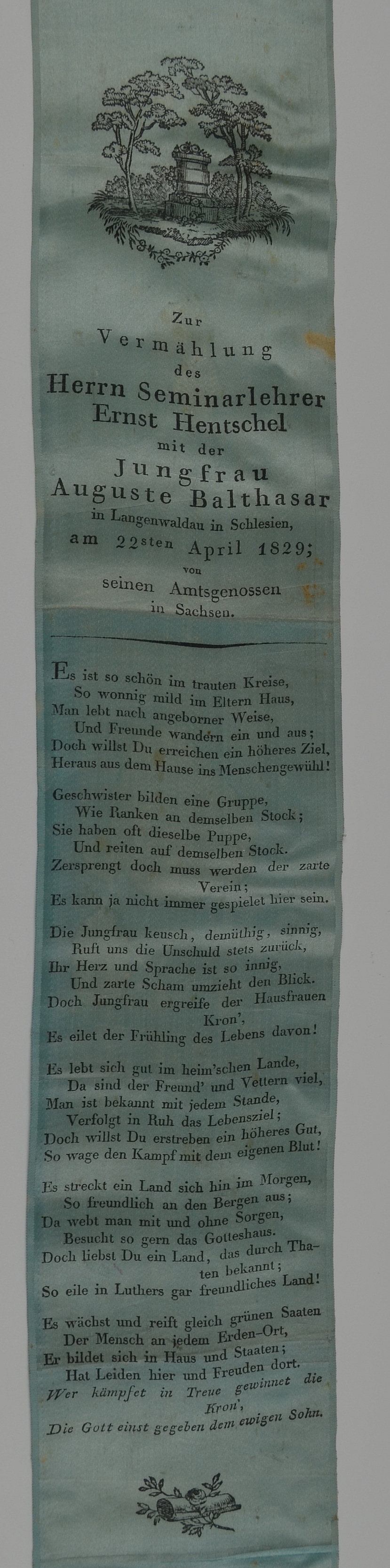 Zur Vermählung des Herrn Seminarlehrer Ernst Hentschel... 22sten April 1829 (Museum Weißenfels - Schloss Neu-Augustusburg CC BY-NC-SA)