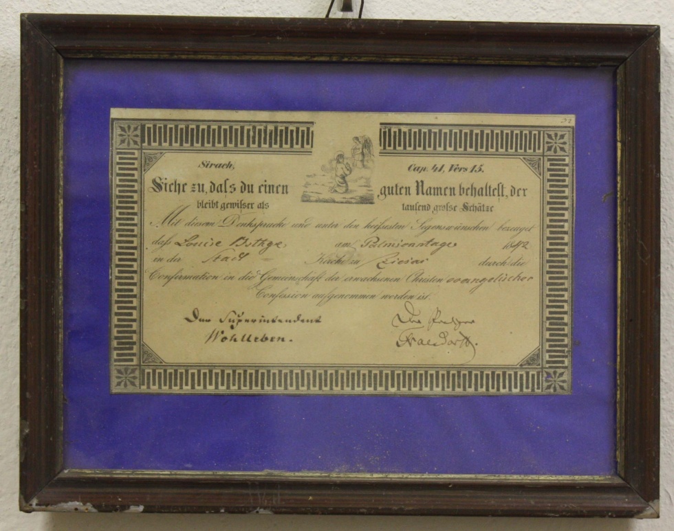 Urkunde, gerahmt, Konfirmation, Luise Bethge (Museum Wolmirstedt RR-F)