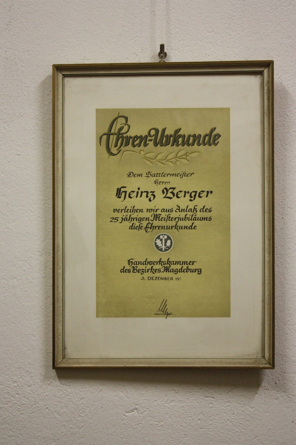 Ehrenurkunde, Heinz Berger (Museum Wolmirstedt RR-F)