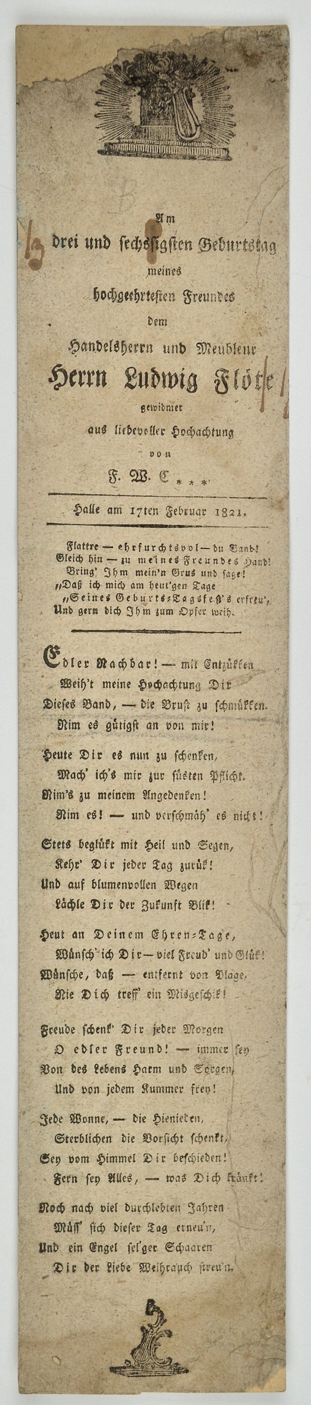 Geburtstagsgedicht, Herrn L. Flöte, 17. Februar 1821 (Museum Weißenfels - Schloss Neu-Augustusburg CC BY-NC-SA)