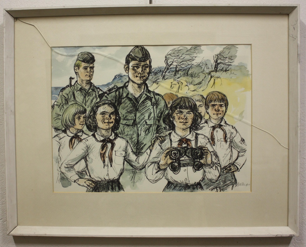 Zeichnung, gerahmt, NVA-Soldaten und Pioniere (Museum Wolmirstedt RR-F)