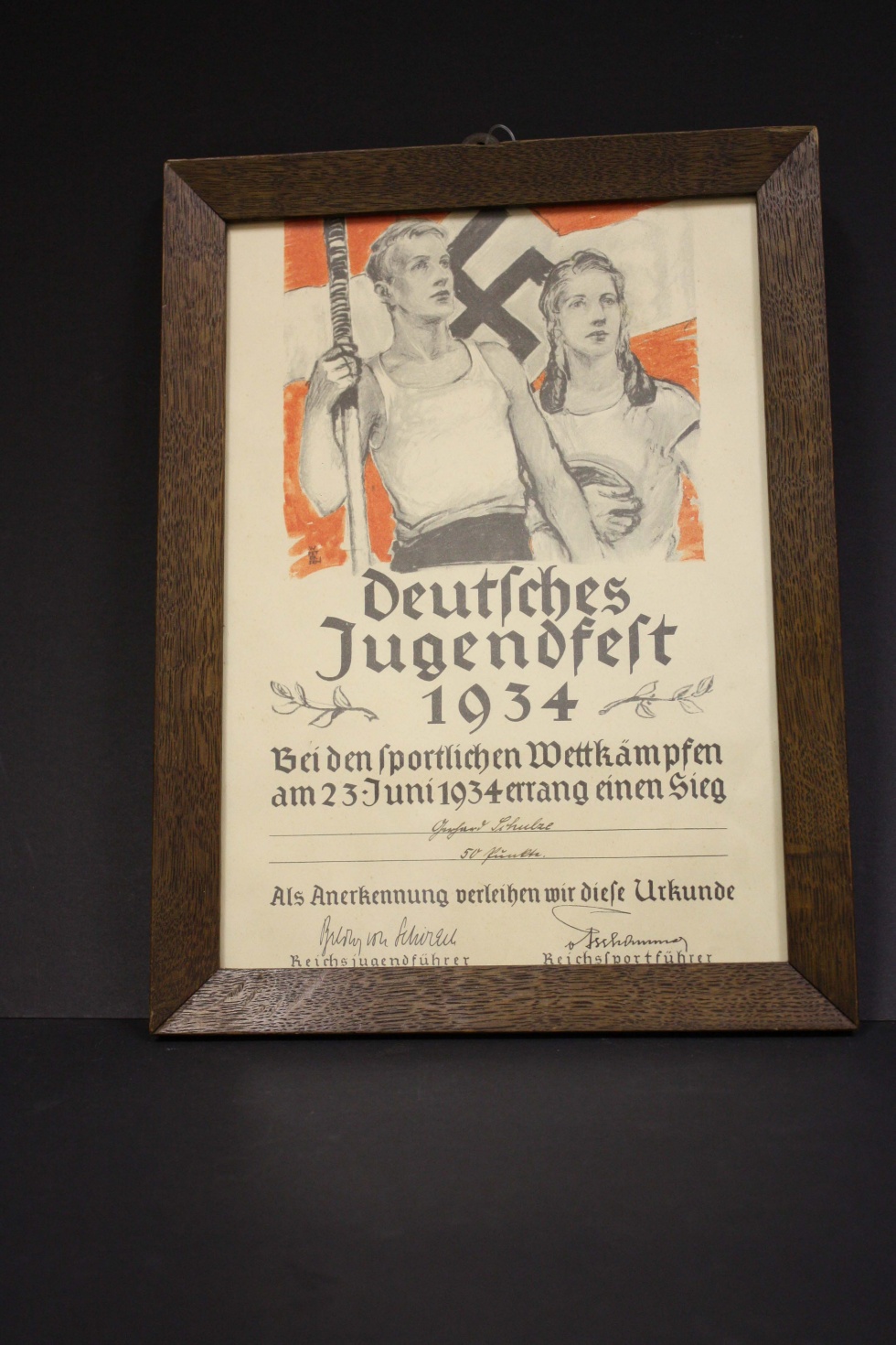Urkunde, gerahmt, Deutsches Jugendfest 1934 (Museum Wolmirstedt RR-F)