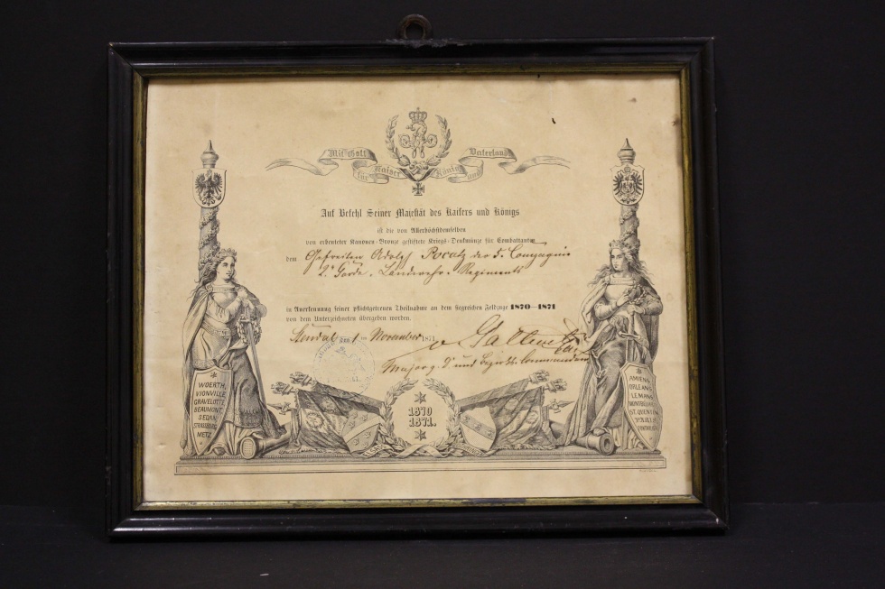 Urkunde, gerahmt, siegreicher Feldzug 1870-1871 (Museum Wolmirstedt RR-F)