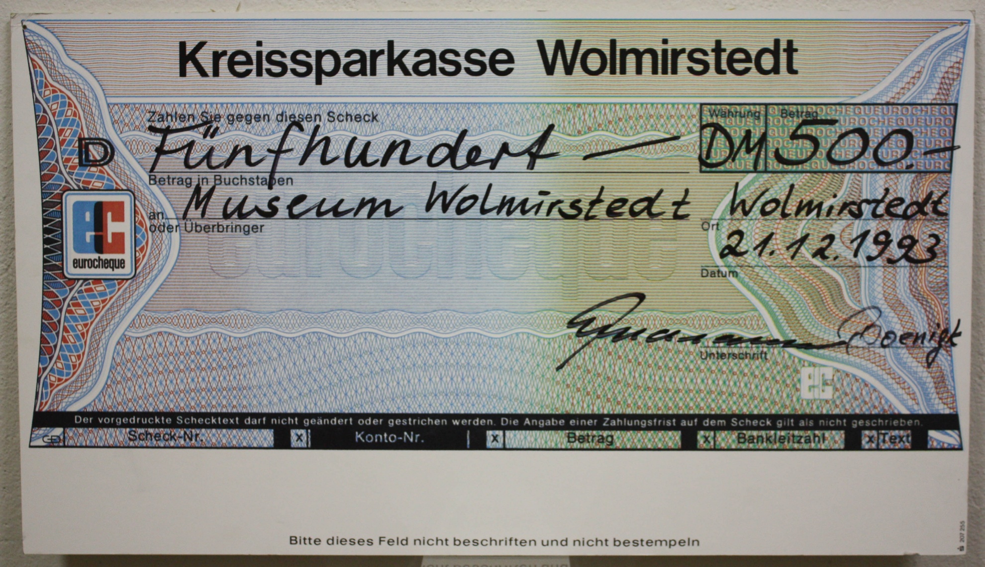 Scheck, gedruckt, 500 DM (Museum Wolmirstedt RR-F)