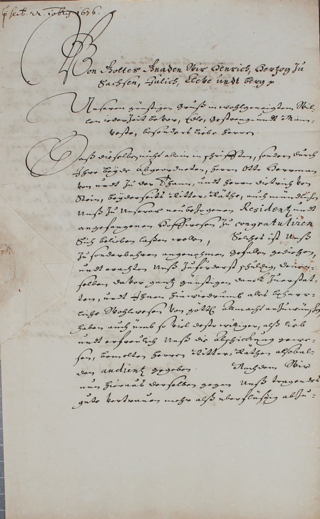 Brief von Heinrich von Sachsen-Weißenfels-Barby von 1676 (Museum im Schloss Lützen CC BY-NC-SA)