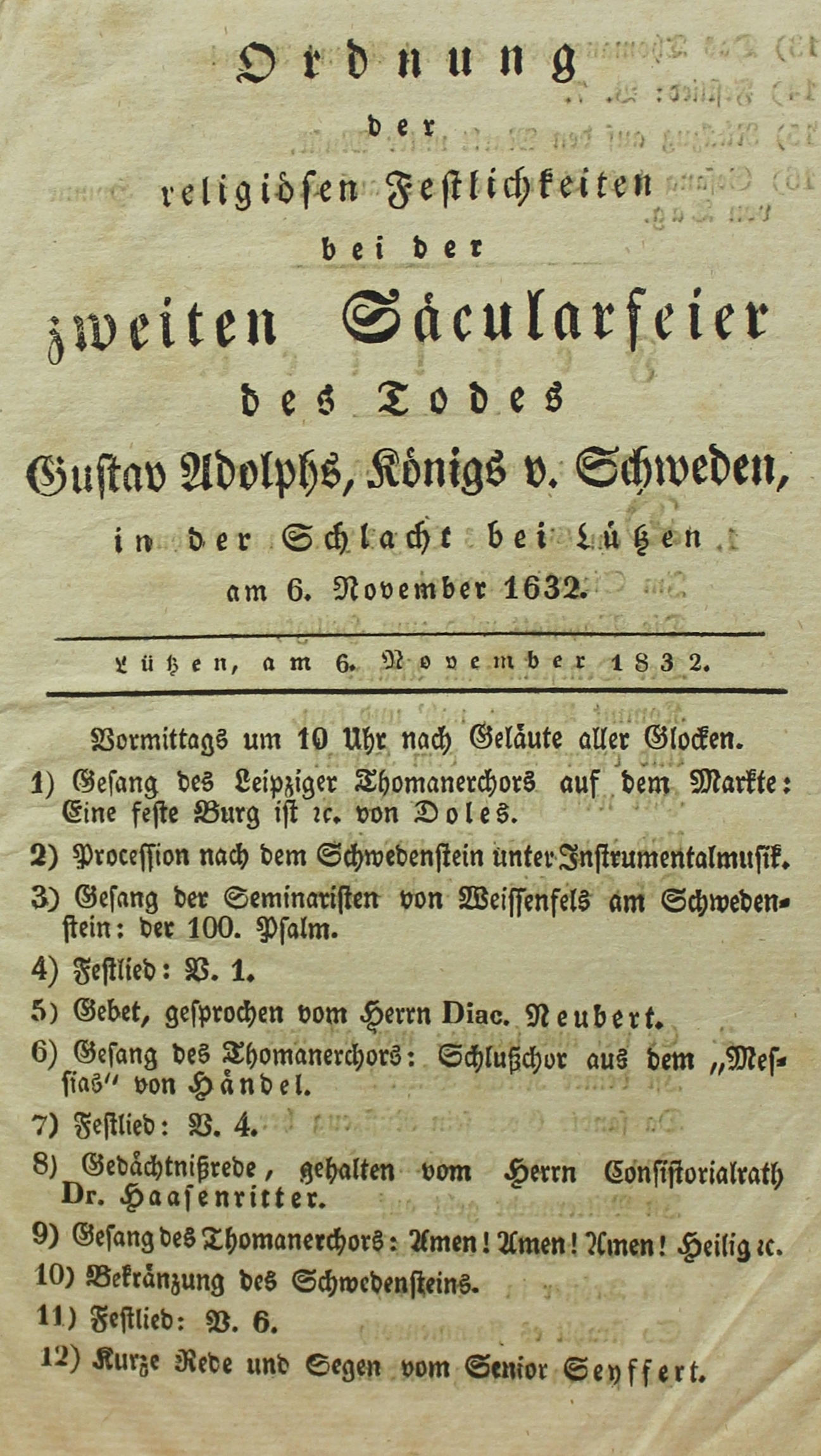 Ordnung der religiösen Festlichkeiten bei der zweiten Säcularfeier des Todes Gustav Adolphs, Königs v. Schweden (Museum im Schloss Lützen CC BY-NC-SA)