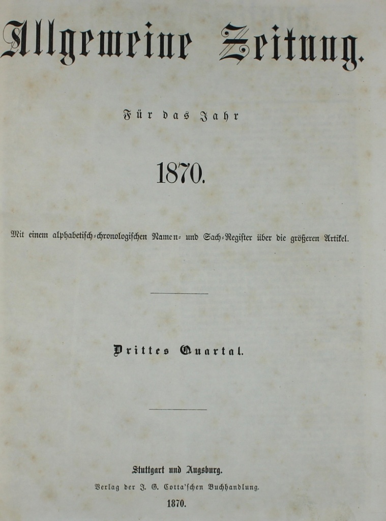 Allgemeine Zeitung. Für das Jahr 1870 (Museum im Schloss Lützen CC BY-NC-SA)