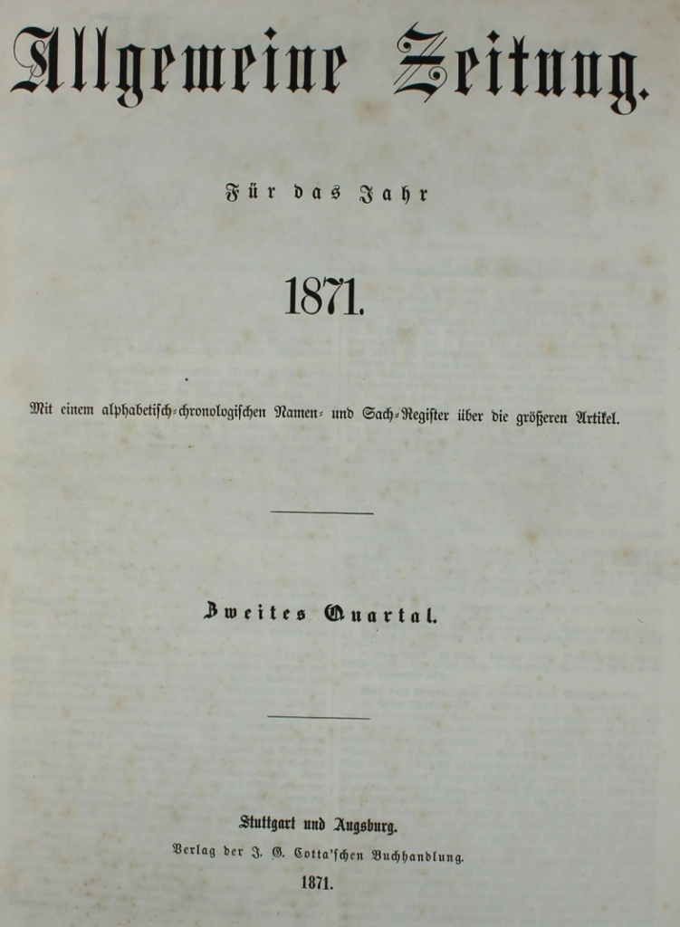 Allgemeine Zeitung. Für das Jahr 1871 (Museum im Schloss Lützen CC BY-NC-SA)
