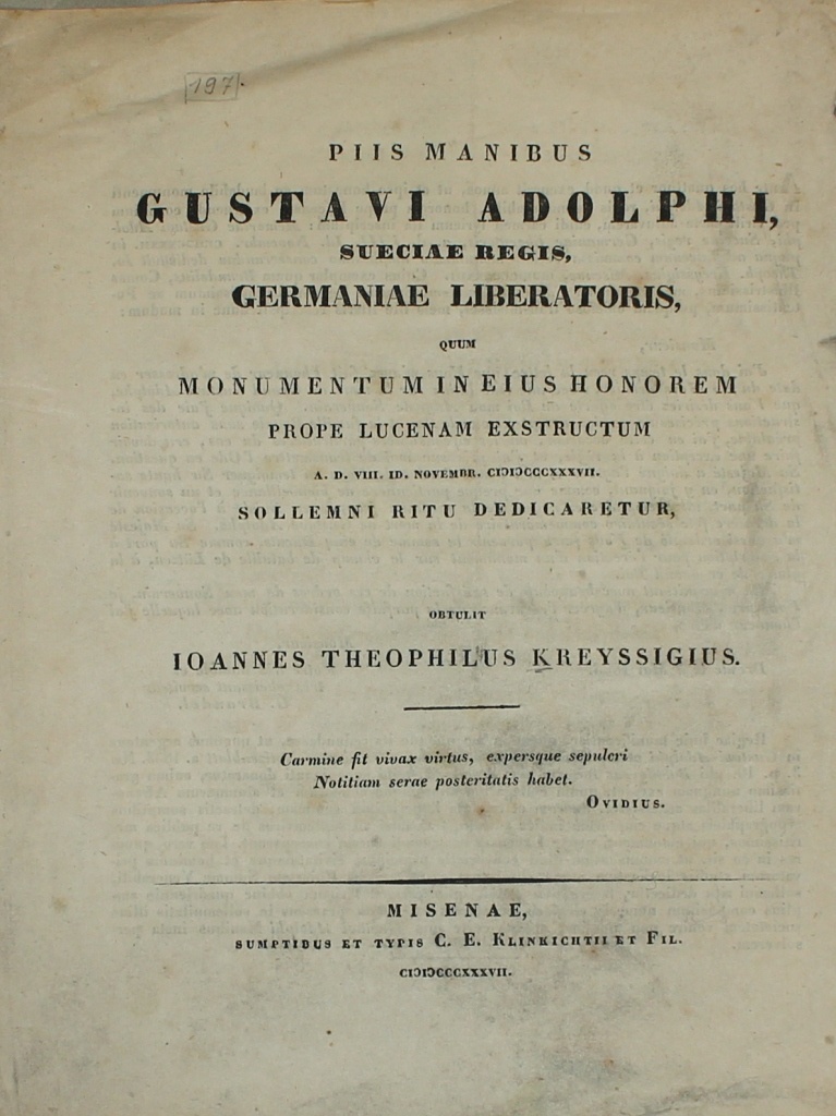 Piis Manibus Gustavi Adolphi, sueciae regis, germaniae liberatoris (Museum im Schloss Lützen CC BY-NC-SA)