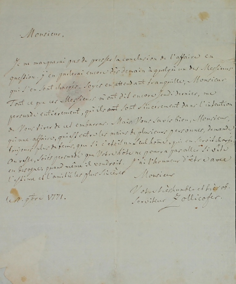 Brief von Zollikofer von 1771 (Museum im Schloss Lützen CC BY-NC-SA)