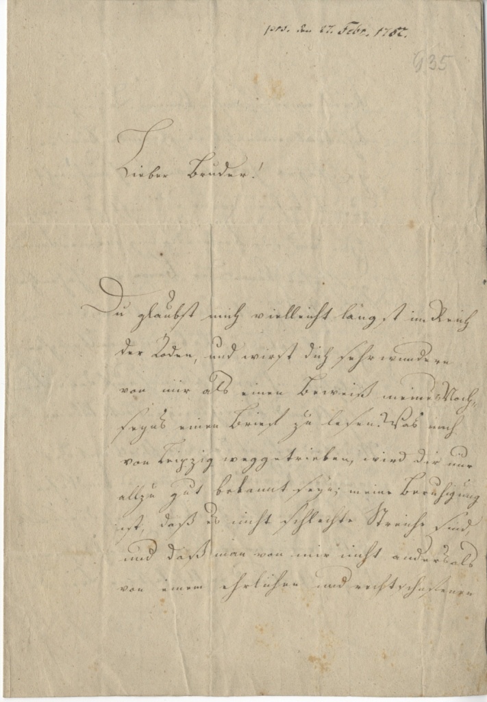 Brief von Seume an Korbinsky vom 23.2.1782 (Museum im Schloss Lützen CC BY-NC-SA)