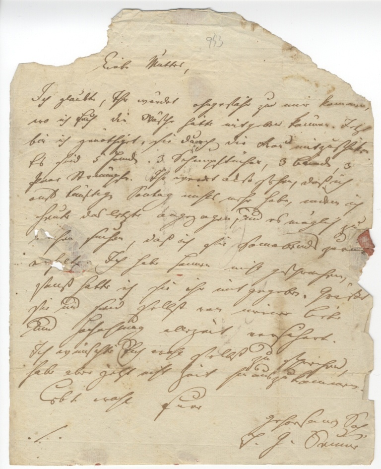 Brief von Seume an seine Mutter, Undatiert (Museum im Schloss Lützen CC BY-NC-SA)