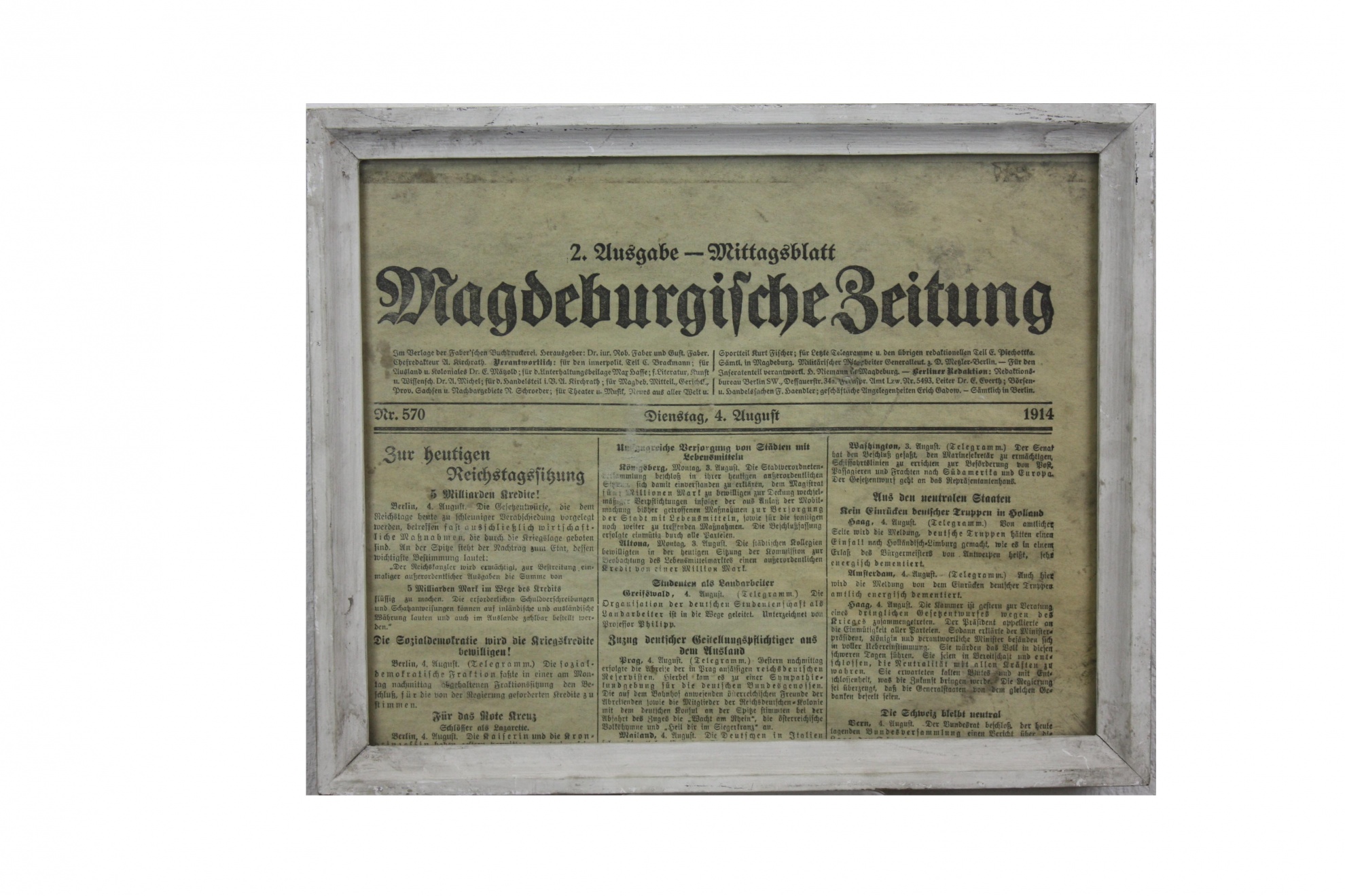 Zeitungsartikel, gerahmt, Magdeburgische Zeitung 1914 (Museum Wolmirstedt RR-F)