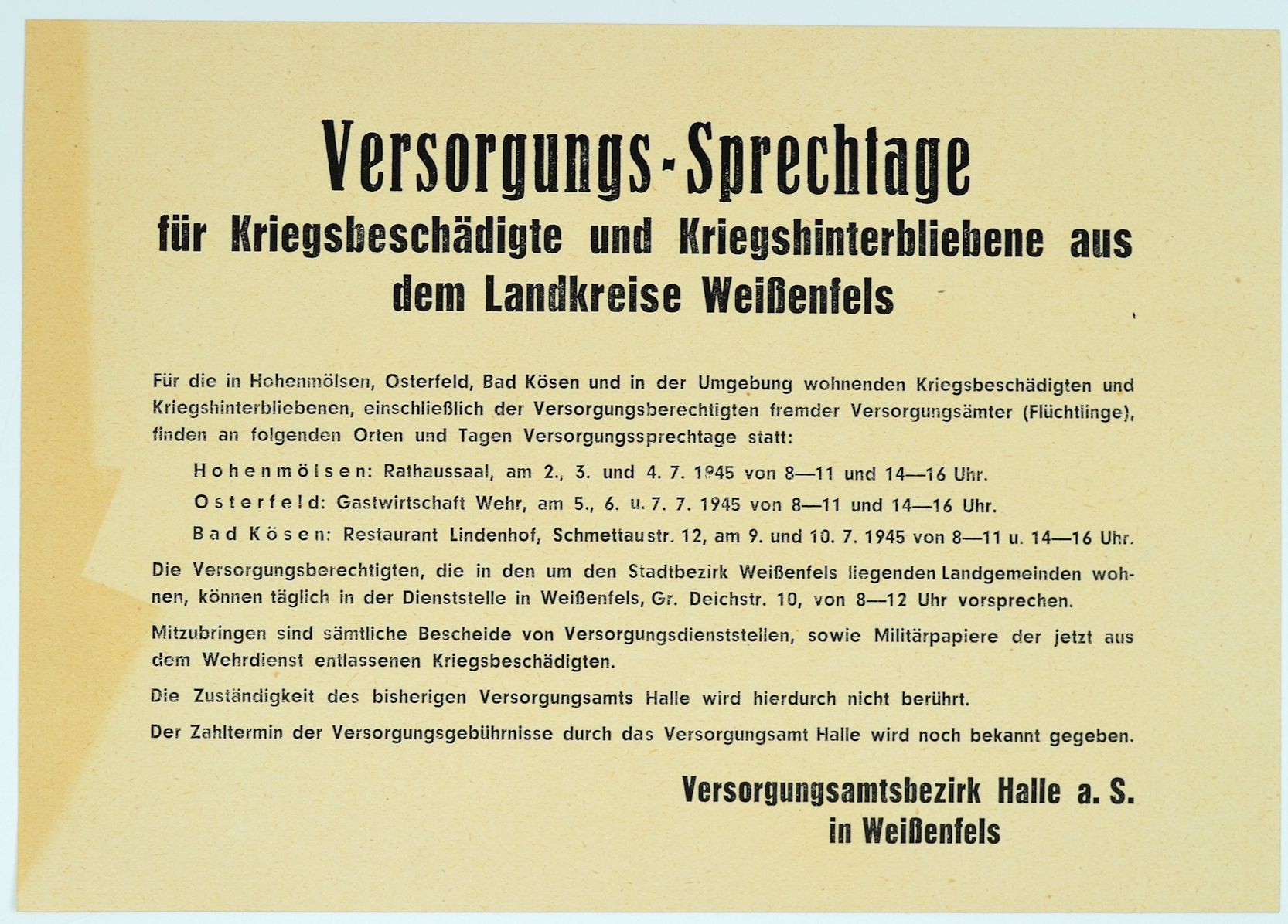 Versorgungs-Sprechtage für Kriegsgeschädigte aus dem Landkreis Weißenfels (Museum Weißenfels - Schloss Neu-Augustusburg CC BY-NC-SA)