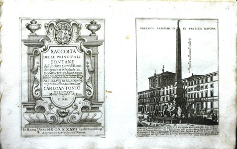 Titelseite der Raccolta delle principali Fontane / Obelisk der Pamphili (Vierströmebrunnen) auf der Piazza Navona (Winckelmann-Museum Stendal CC BY-NC-SA)