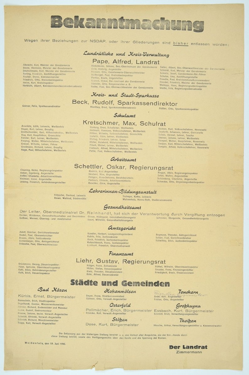Bekanntmachung - Entlassung wg. Mitgliedschaft in der NSDAP (Museum Weißenfels - Schloss Neu-Augustusburg CC BY-NC-SA)