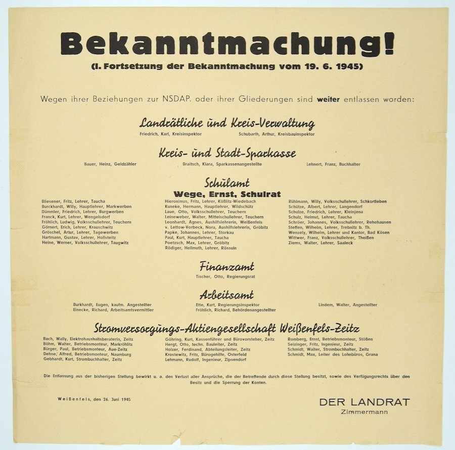 Bekanntmachung - Entlassung wg. Mitgliedschaft in der NSDAP 1. Fortsetzung, 1945 (Museum Weißenfels - Schloss Neu-Augustusburg CC BY-NC-SA)