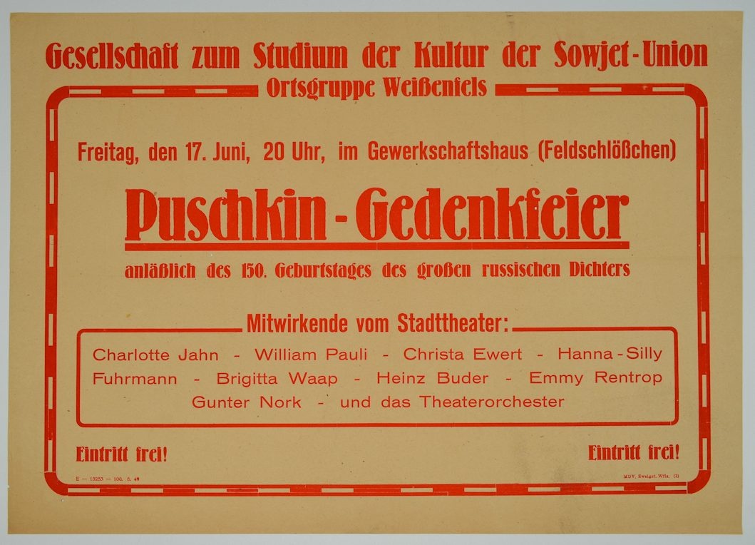 Puschkin-Gedenkfeier zum 150. Geburtstag (Museum Weißenfels - Schloss Neu-Augustusburg CC BY-NC-SA)