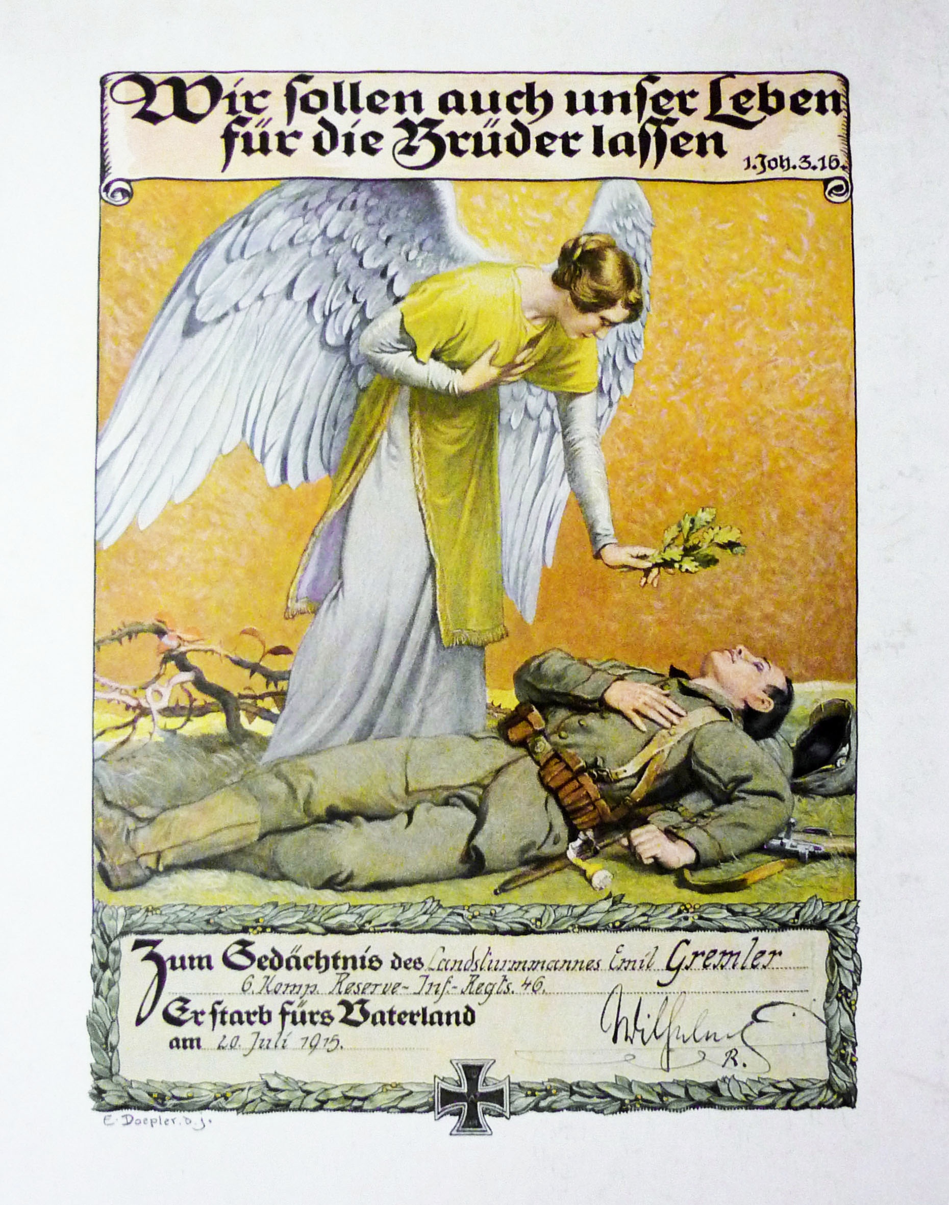 Gedenkblatt für den Landsturmmann Emil Gremler, 6. Kompagnie Reserve-Infanterie-Regiment 46 (Museum Wolmirstedt RR-F)