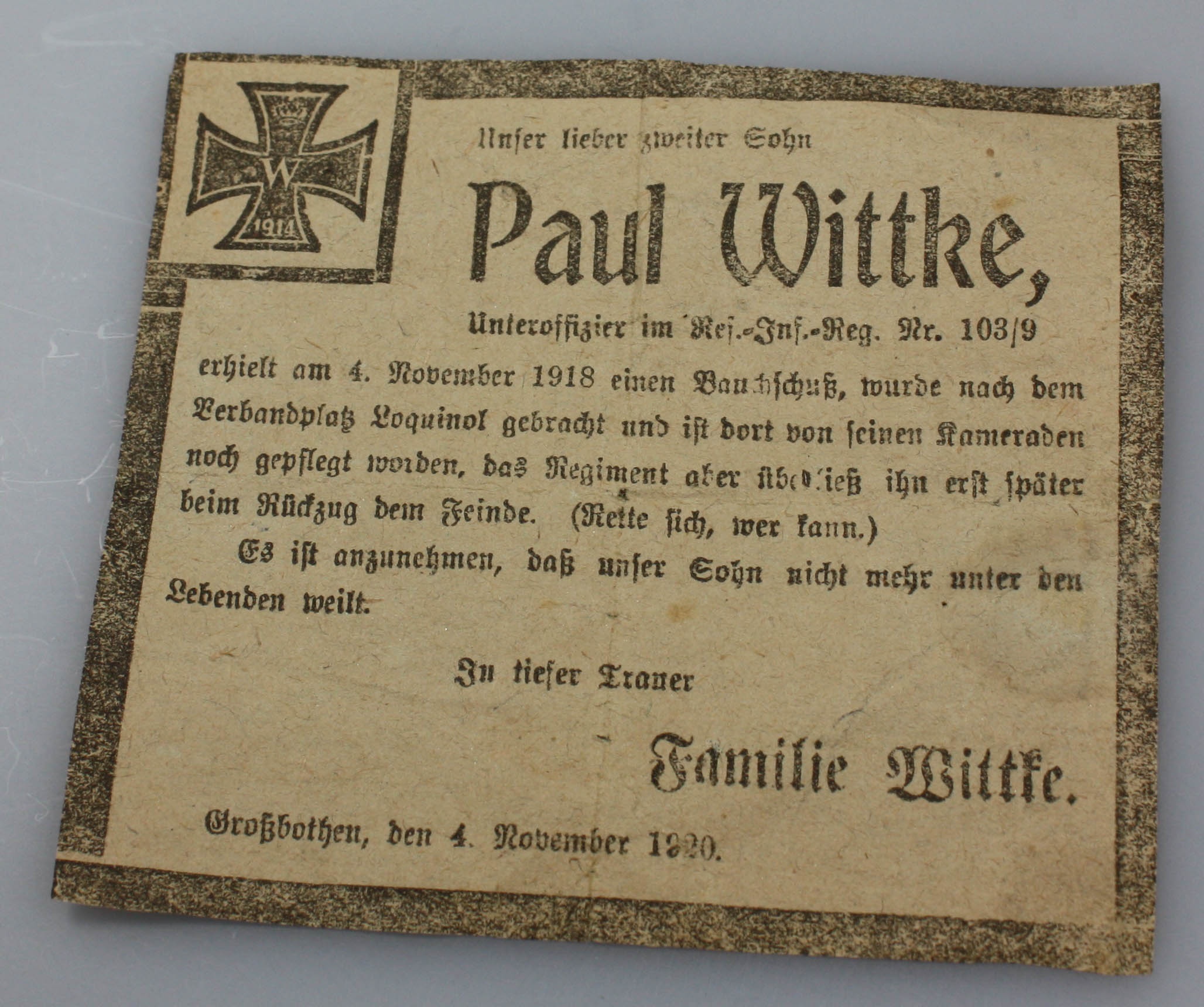 Zeitungsanzeige, Todesnachricht Paul Wittke (Museum Wolmirstedt RR-F)