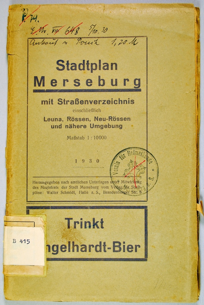 Stadtplan Merseburg mit Straßenverzeichnis einschließlich Leuna, Rössen, Neu-Rössen und nähere Umgebung (Kulturhistorisches Museum Schloss Merseburg CC BY-NC-SA)