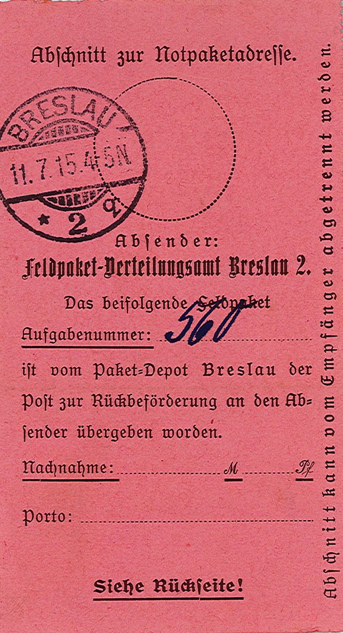 Lieferschein für die Rückbeförderung eines Feldpaketes an die Familie des Soldaten Emil Gremler (Museum Wolmirstedt RR-F)