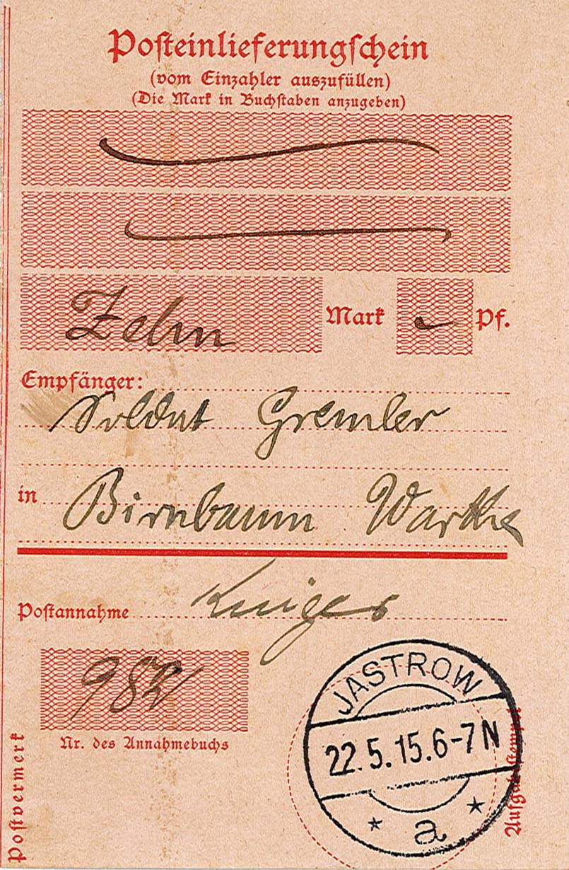 Posteinlieferungsschein für 10 Reichsmark an den Soldaten Emil Gremler (Museum Wolmirstedt RR-F)