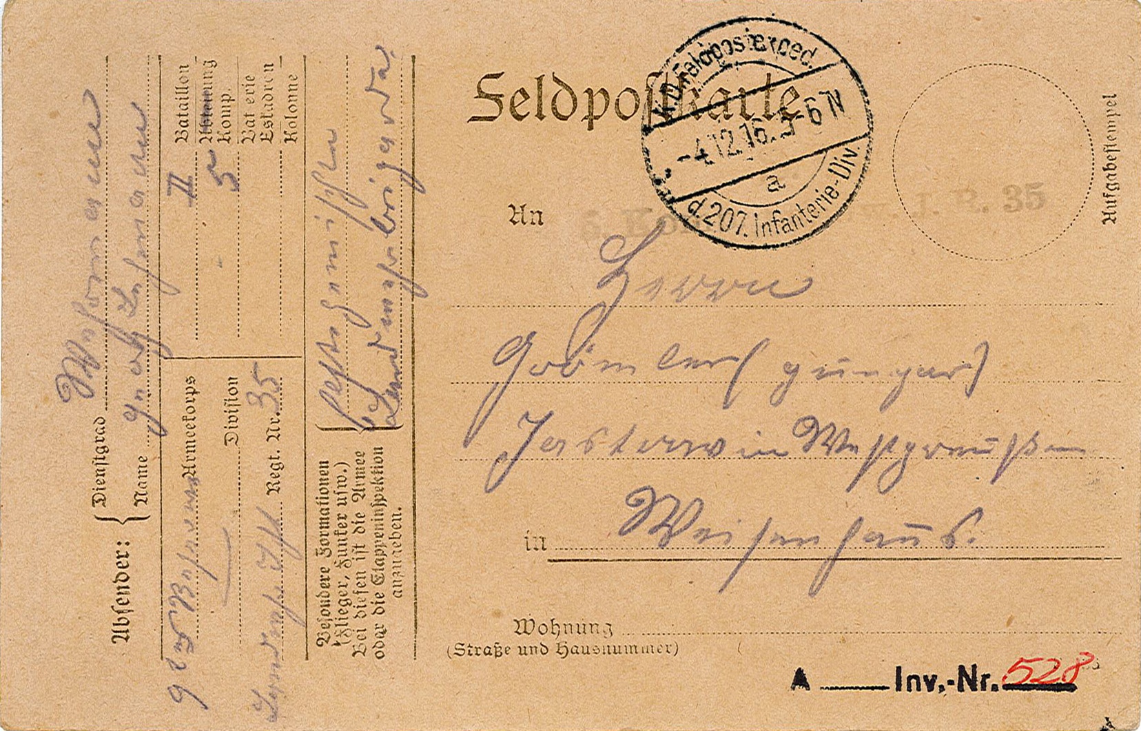 Feldpostkarte von Emil Gremler an Kurt Gremler vom 03.12.1916 (Museum Wolmirstedt RR-F)