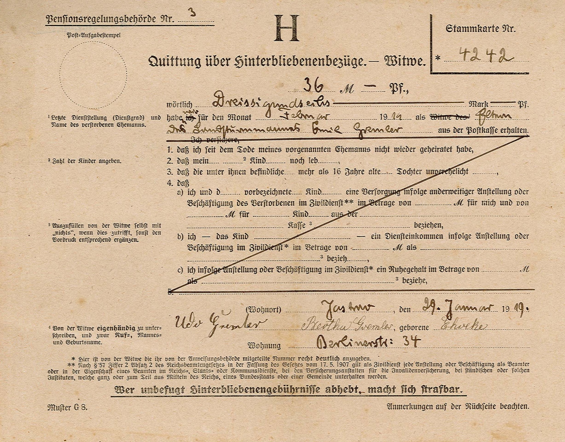 Quittung für Kriegselterngeld vom 29. Januar 1919 (Museum Wolmirstedt RR-F)